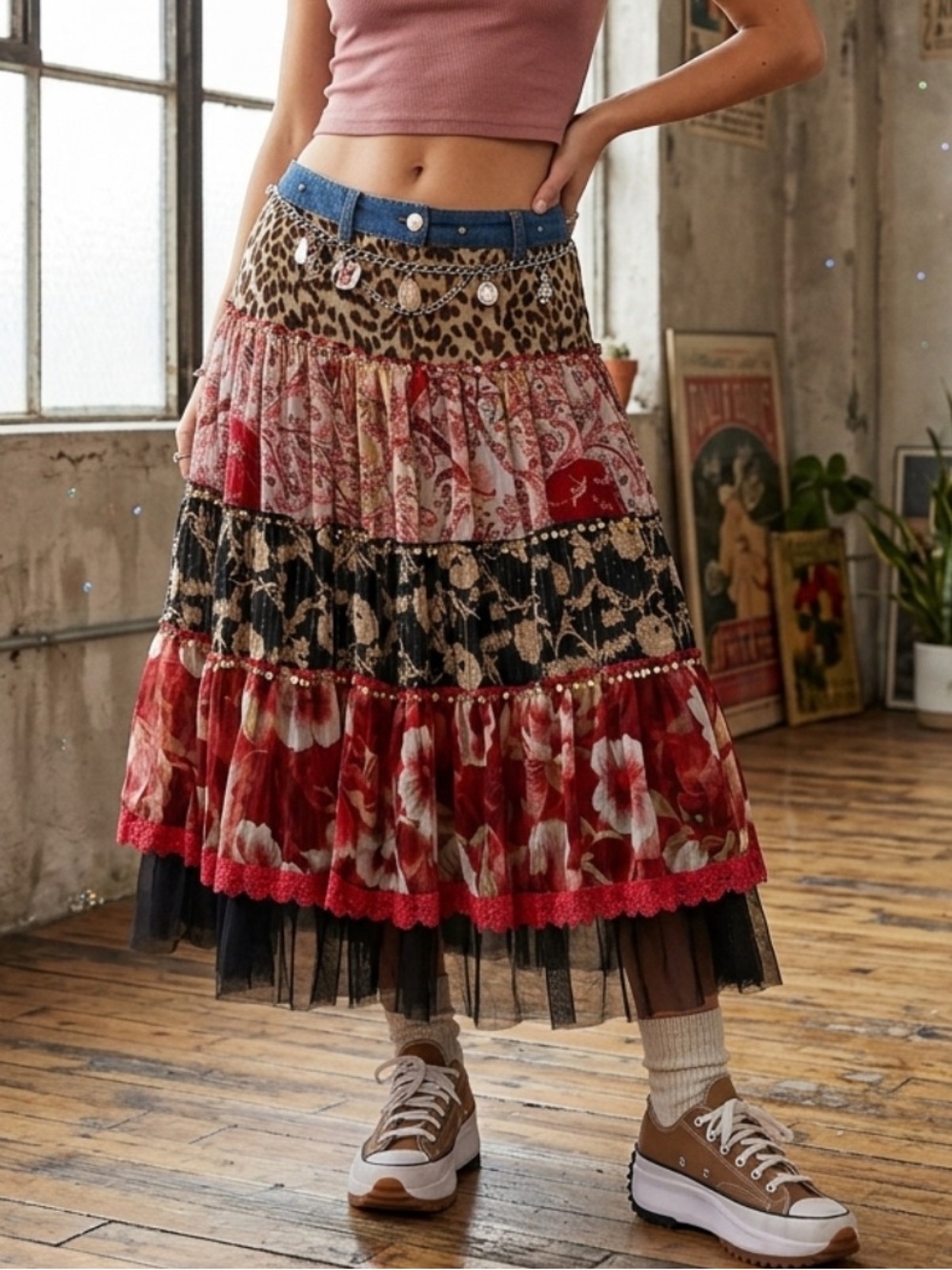 XOXO Y2K Tiered Mixed Media Floral Patchwork Low Rise Unique Artsy Skirt Sequins